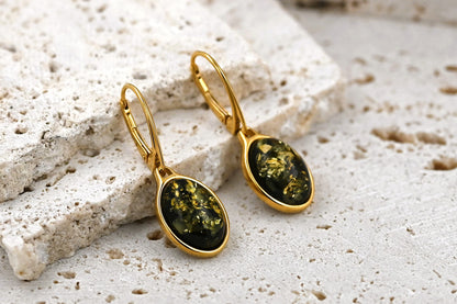 Classic Earrings Amber, Green, Gold-plated silver