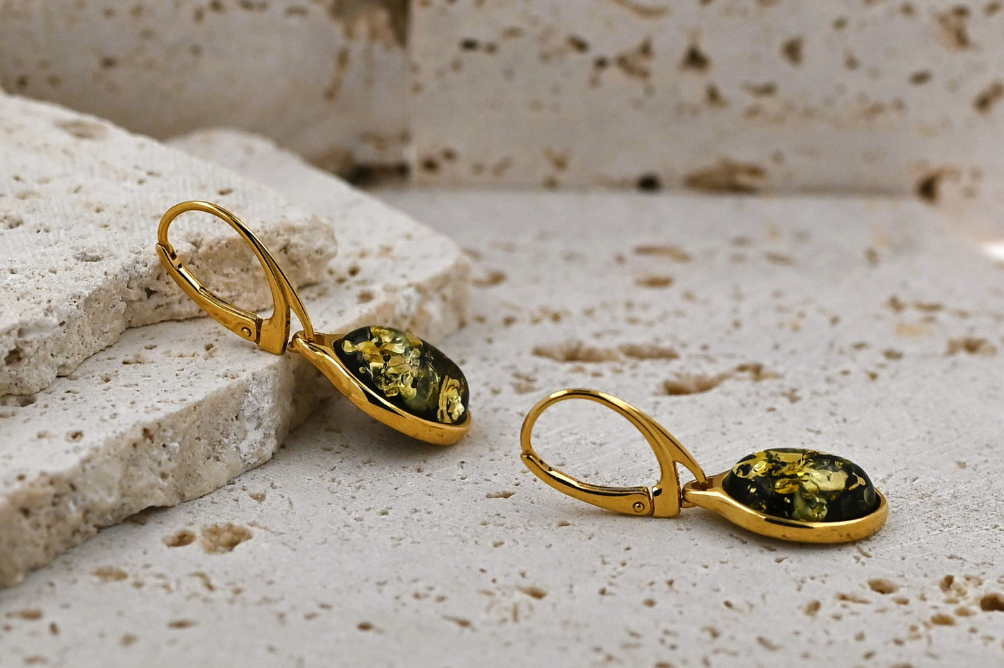 Classic Earrings Amber, Green, Gold-plated silver