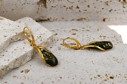 Amber Drop Earrings, Green, Gold Plated Silver