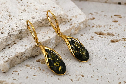 Amber Drop Earrings, Green, Gold Plated Silver