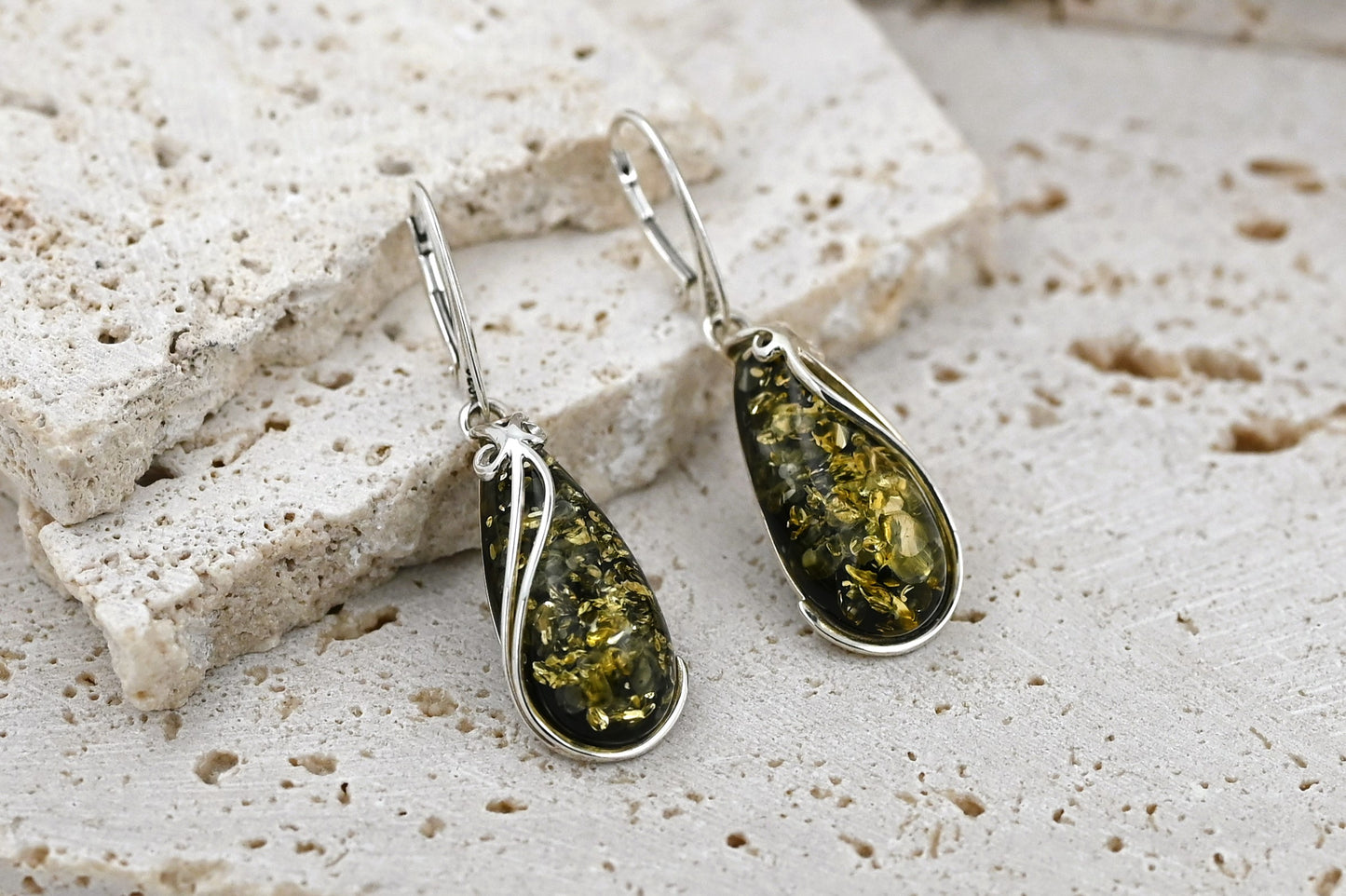 Amber Fantasy Earrings, Green, Silver 925