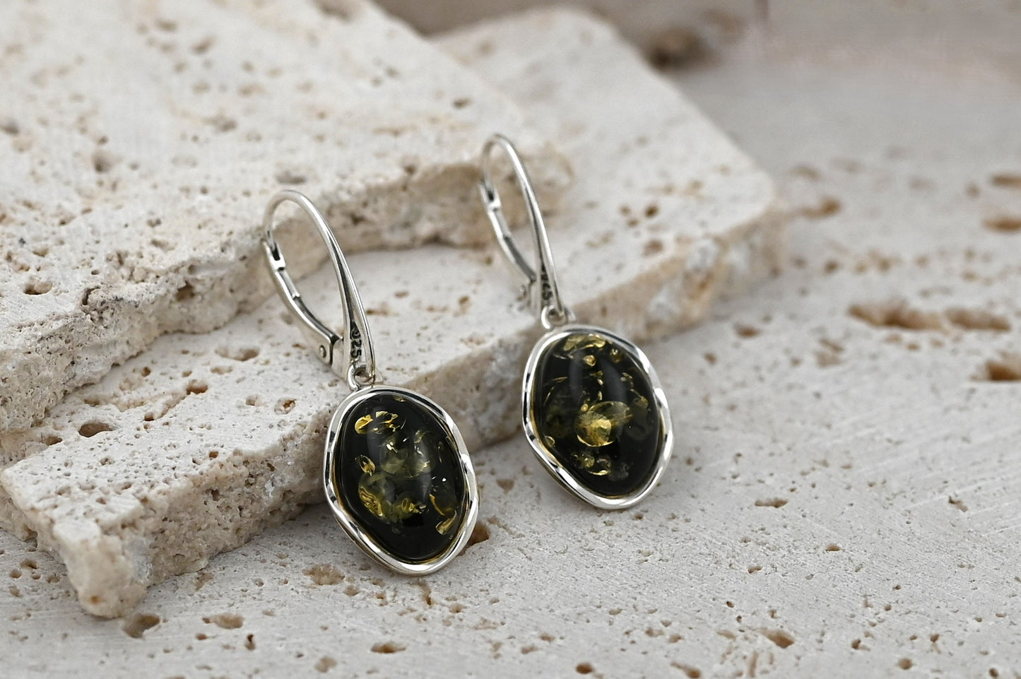 Amber Wave Earrings, Green, Silver 925