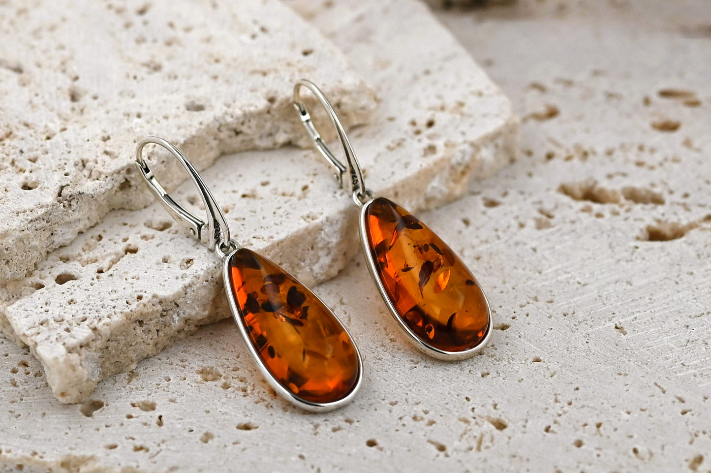 Earrings Amber Large Crystal, Cognac, Silver 925