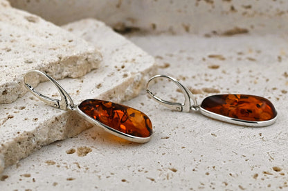 Earrings Amber Large Crystal, Cognac, Silver 925