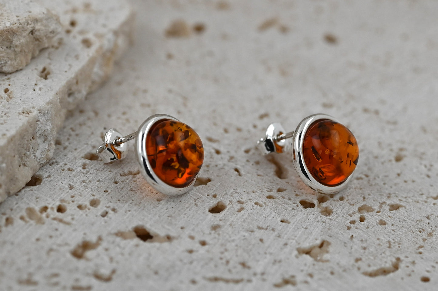 Amber Aura Stud Earrings, Cognac, Silver 925