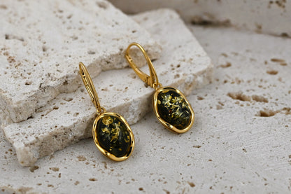 Amber Wave Earrings, Green, Gold-plated Silver 925