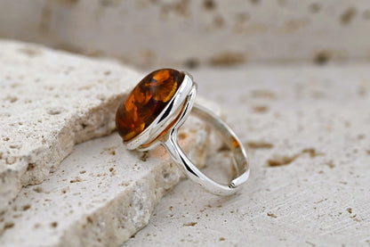 Classic Amber Ring, Cognac, Silver 925