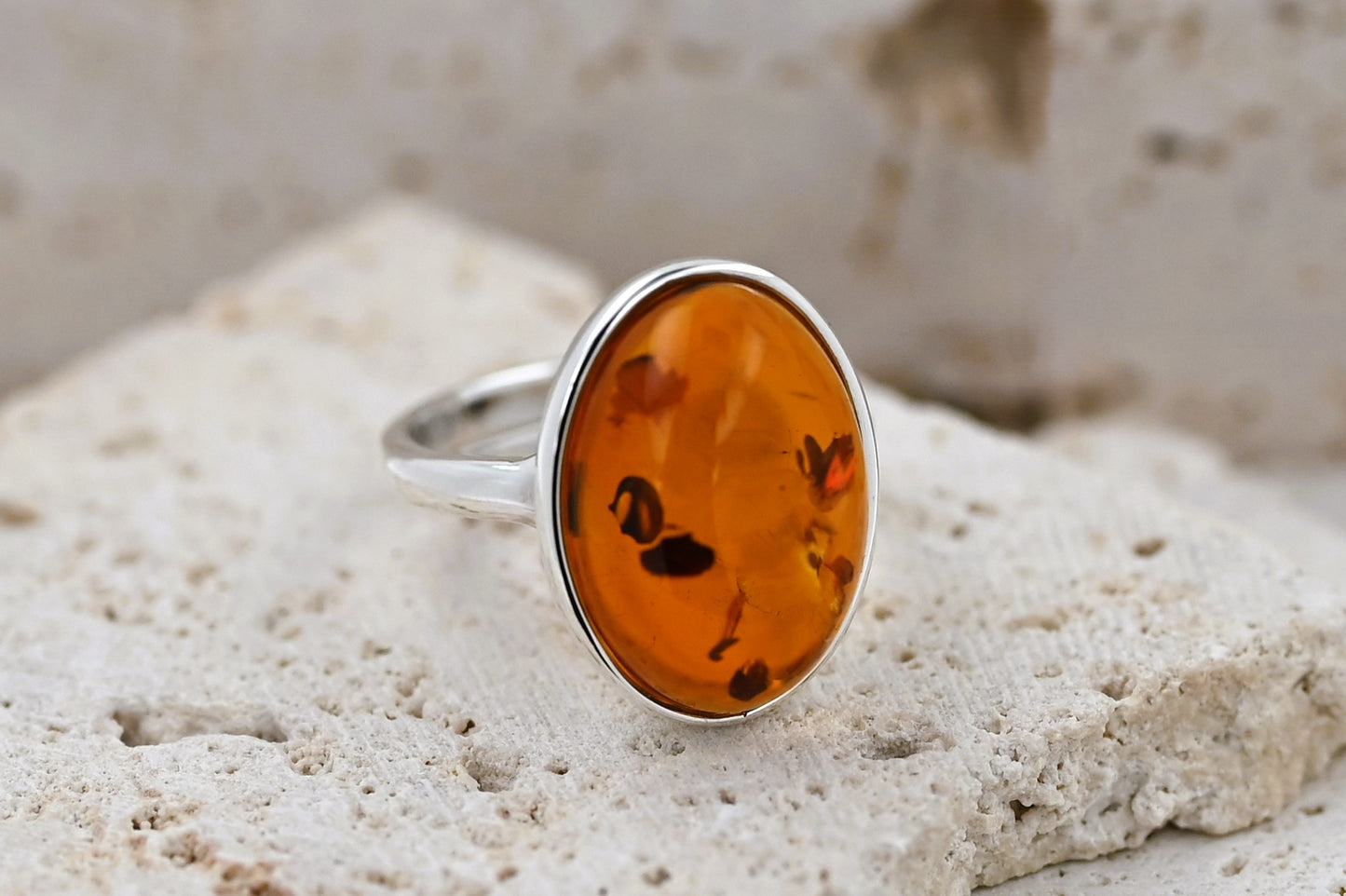 Classic Amber Ring, Cognac, Silver 925