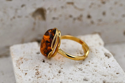 Amber Harmony Ring, Cognac, Gold-plated Silver