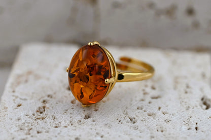 Ring Amber Glow, Cognac, Gold Plated Silver