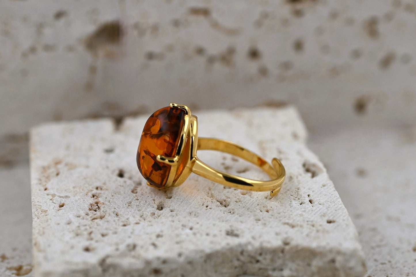 Ring Amber Glow, Cognac, Gold Plated Silver