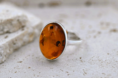 Classic Amber Ring, Cognac, Silver 925