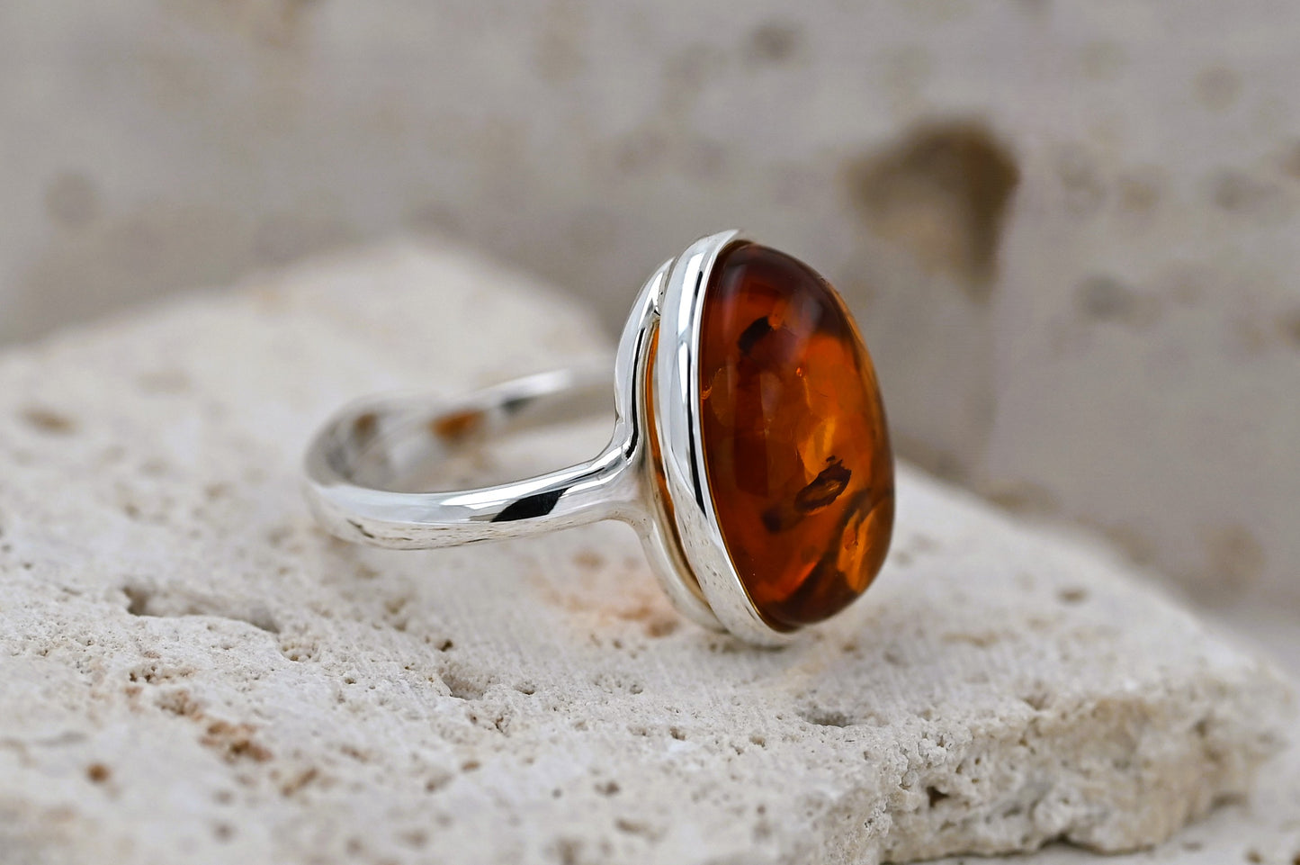 Classic Amber Ring, Cognac, Silver 925