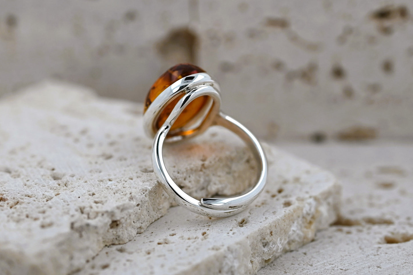 Classic Amber Ring, Cognac, Silver 925