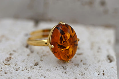 Ring Amber Glow, Cognac, Gold Plated Silver