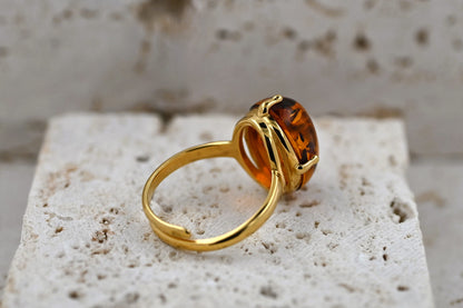 Ring Amber Glow, Cognac, Gold Plated Silver