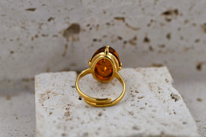 Ring Amber Glow, Cognac, Gold Plated Silver