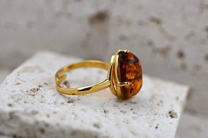 Ring Amber Glow, Cognac, Gold Plated Silver