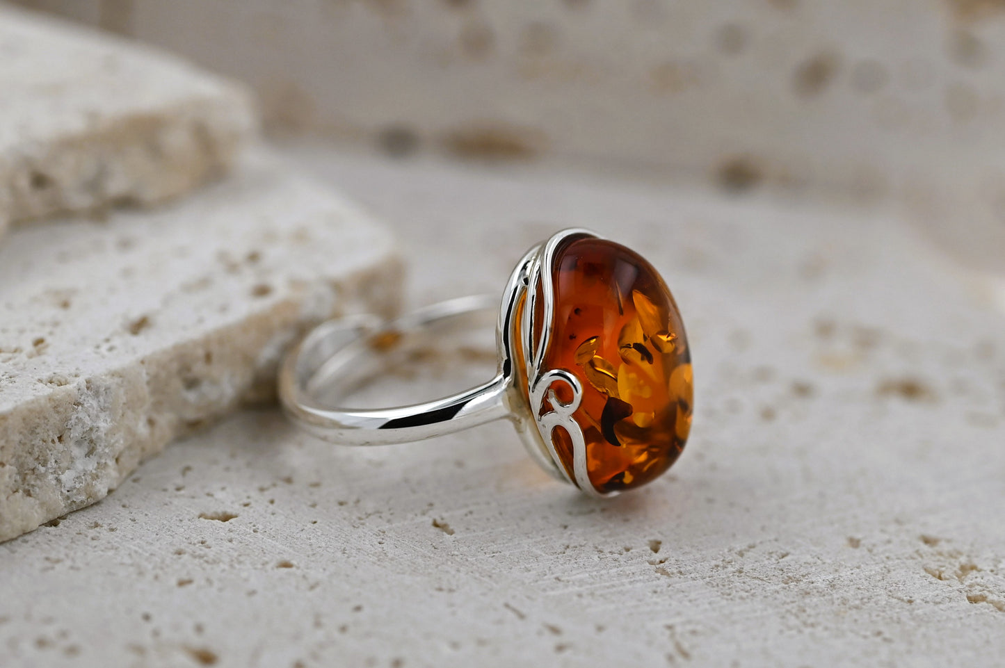 Amber Harmony Ring, Cognac, Silver 