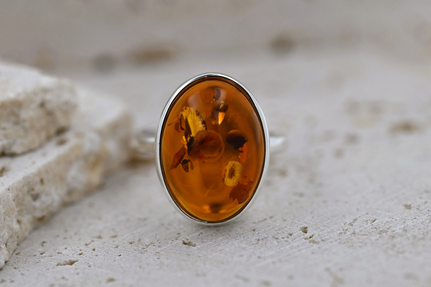 Classic Amber Ring, Cognac, Silver 925