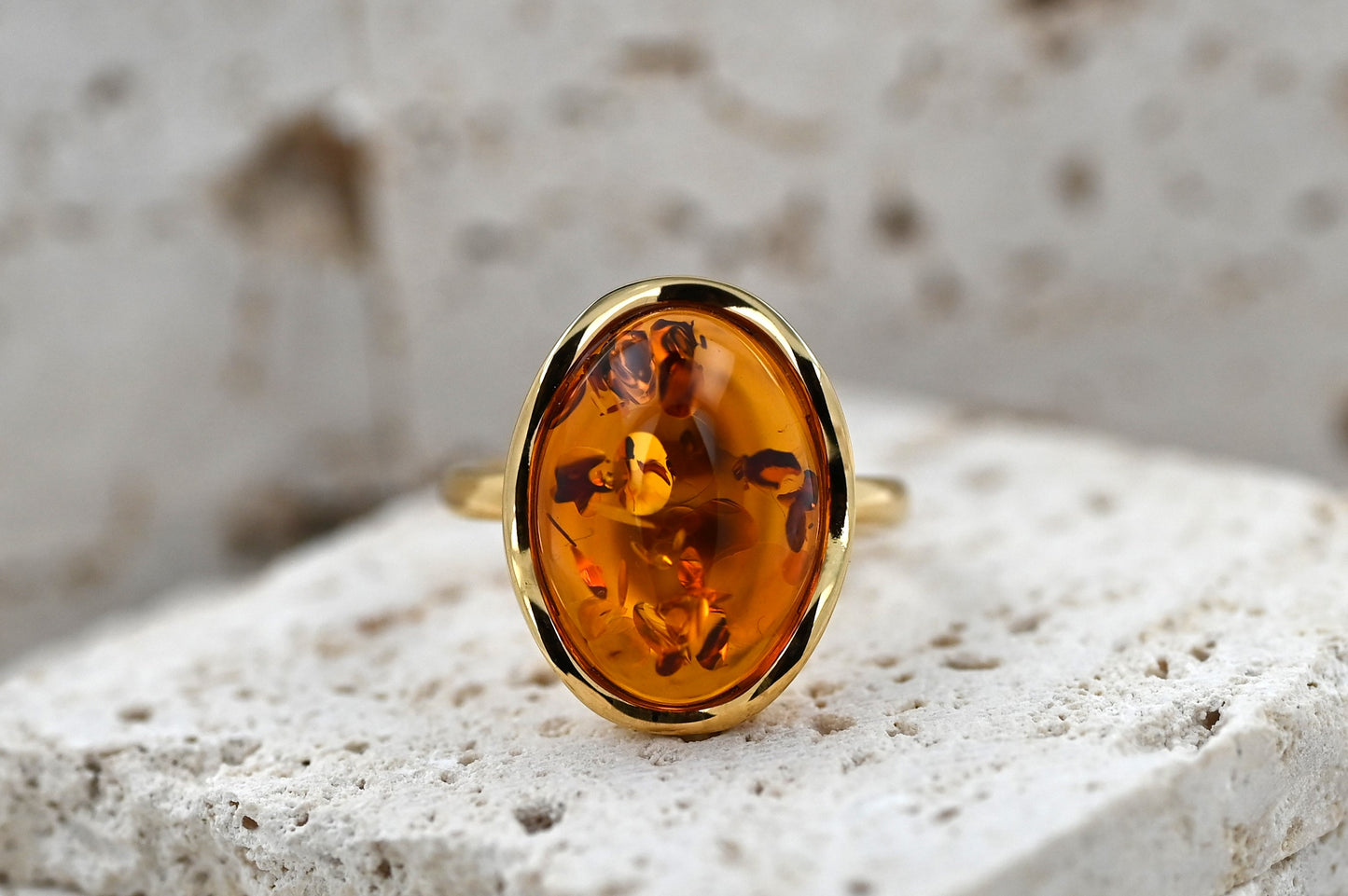 Amber Wave Ring, Cognac, Gold-plated Silver