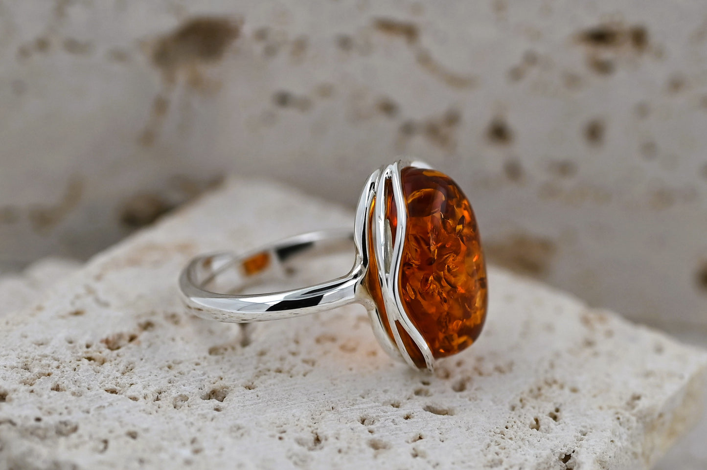 Amber Wave Ring, Cognac, Silver