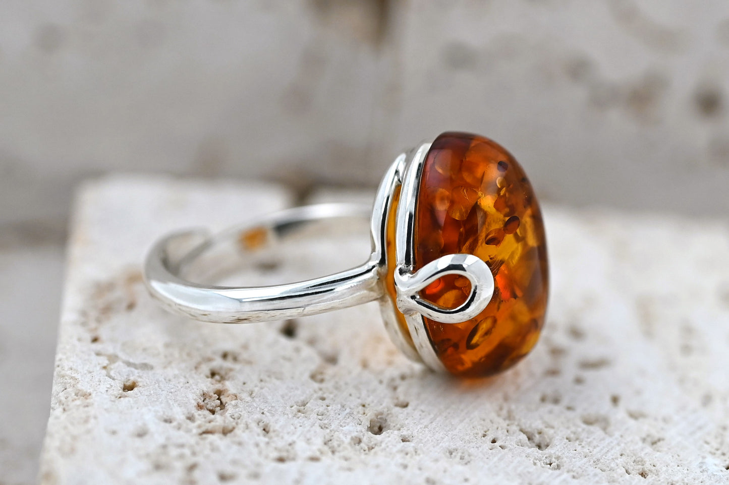 Amber Omega Ring, Cognac, Silver