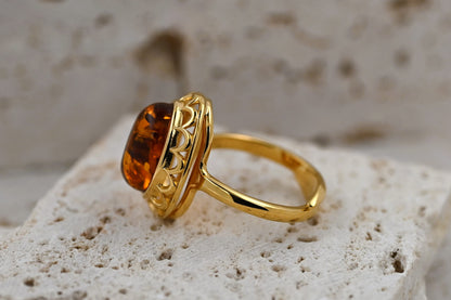 Amber Elegance Ring, Cognac, Gold-Plated Silver