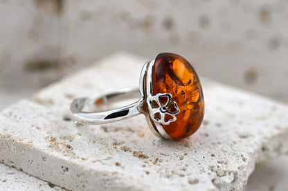 Amber Flower Ring, Cognac, Silver 925