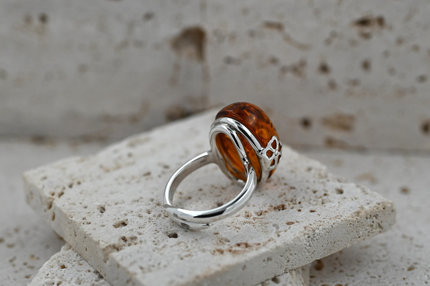 Amber Flower Ring, Cognac, Silver 925