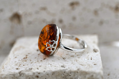 Amber Flower Ring, Cognac, Silver 925