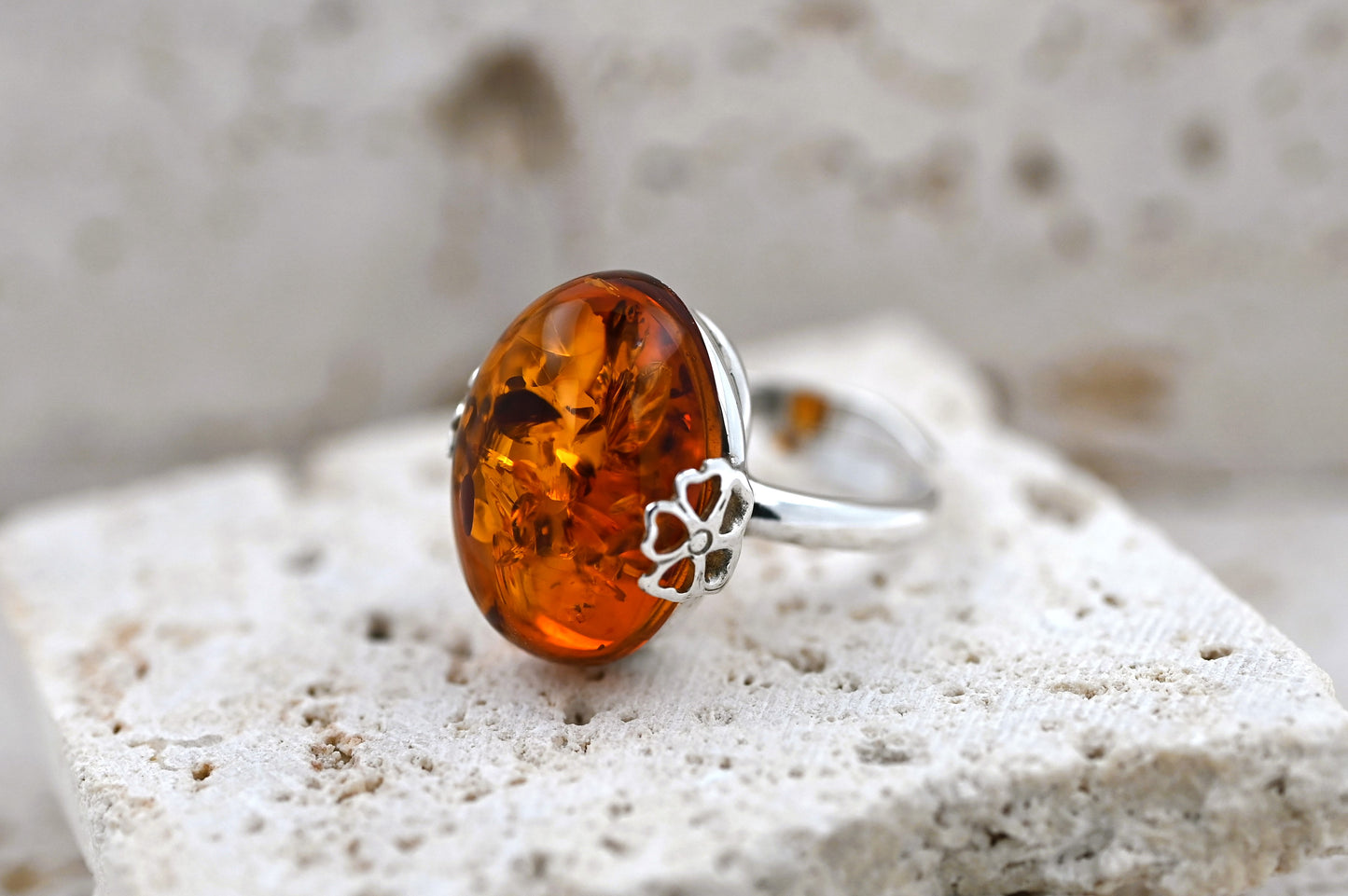 Amber Flower Ring, Cognac, Silver 925