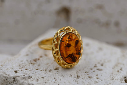 Amber Elegance Ring, Cognac, Gold-Plated Silver