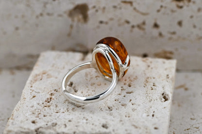 Amber Omega Ring, Cognac, Silver