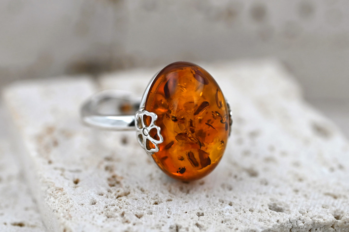 Amber Flower Ring, Cognac, Silver 925