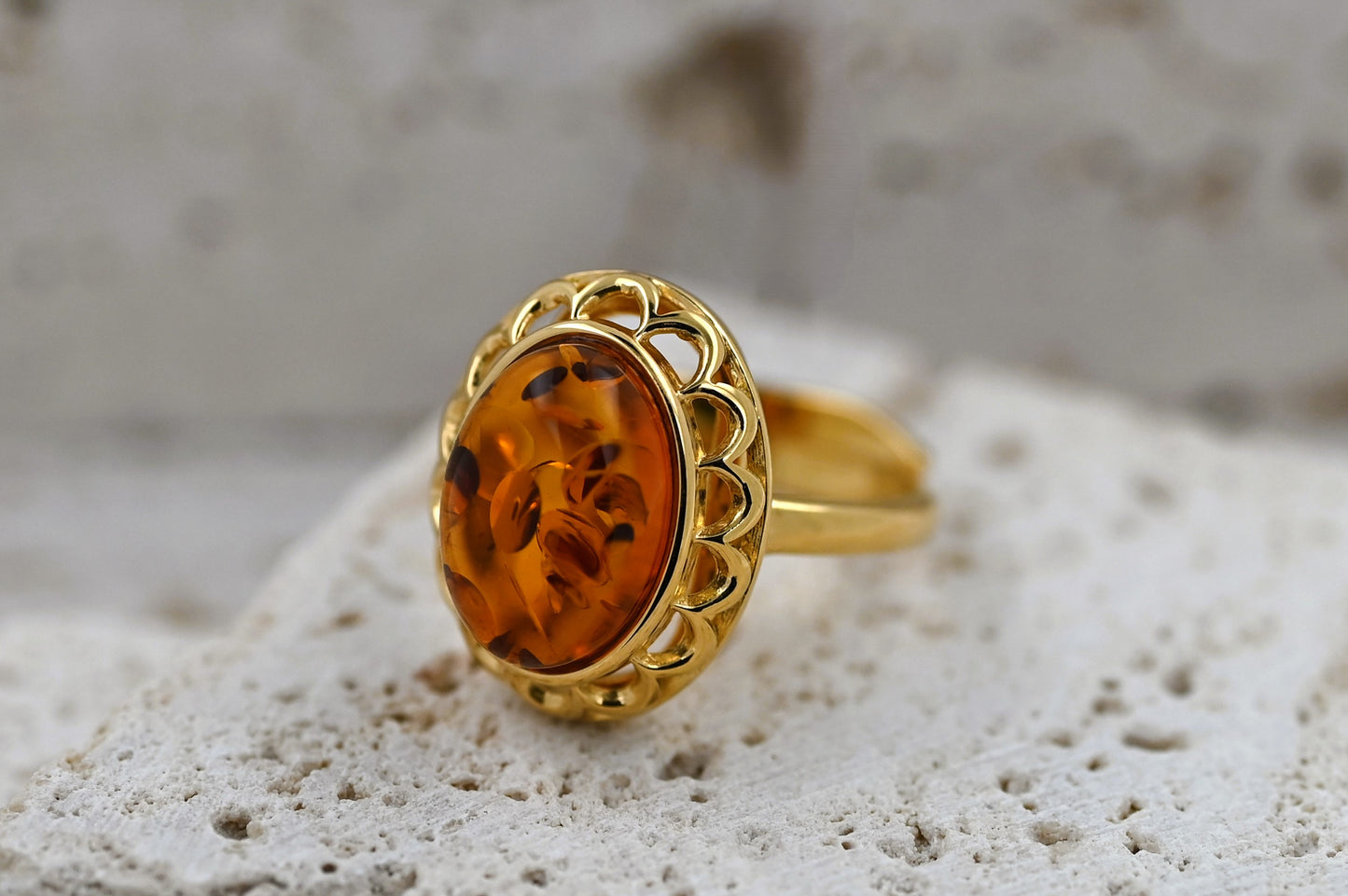 Amber Elegance Ring, Cognac, Gold-Plated Silver