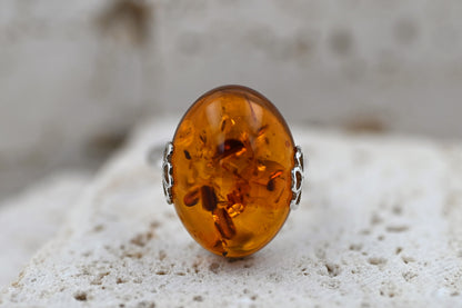 Amber Flower Ring, Cognac, Silver 925