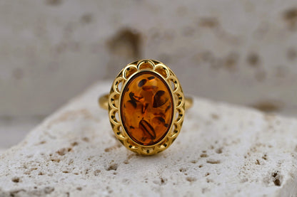 Amber Elegance Ring, Cognac, Gold-Plated Silver