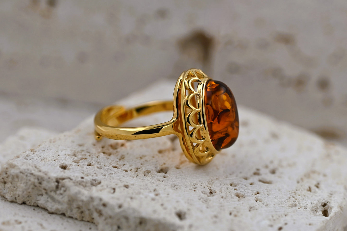 Amber Elegance Ring, Cognac, Gold-Plated Silver