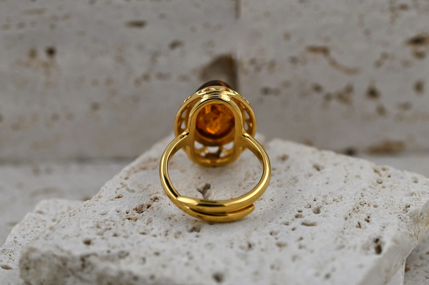 Amber Elegance Ring, Cognac, Gold-Plated Silver