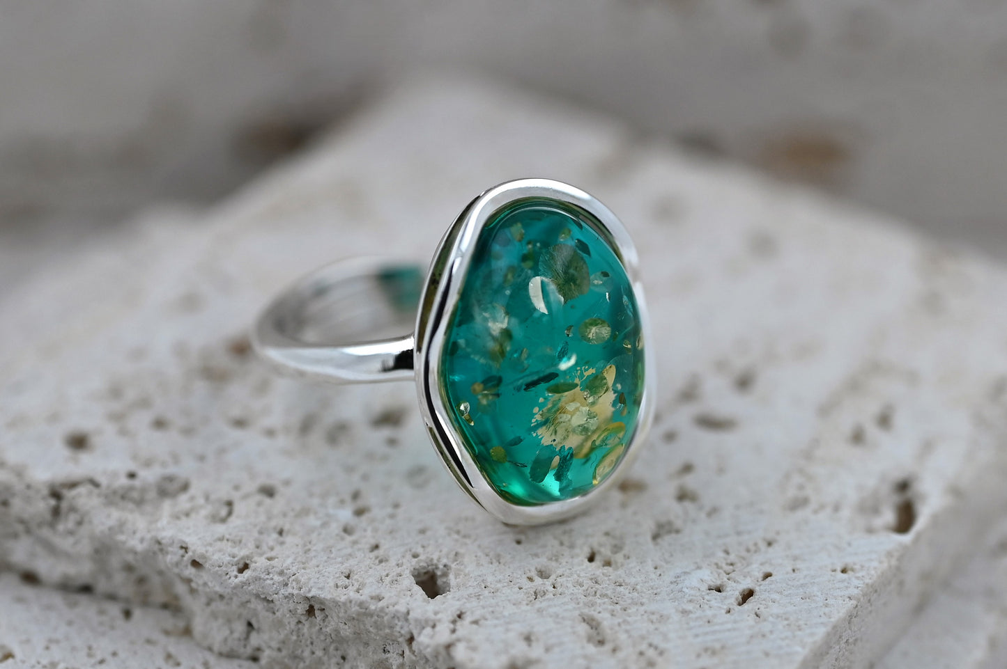 Pierścionek Bursztynowa Fala, Niebieski, Srebro 925