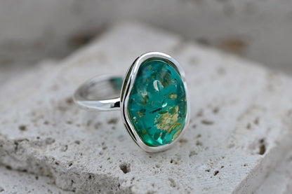 Pierścionek Bursztynowa Fala, Niebieski, Srebro 925