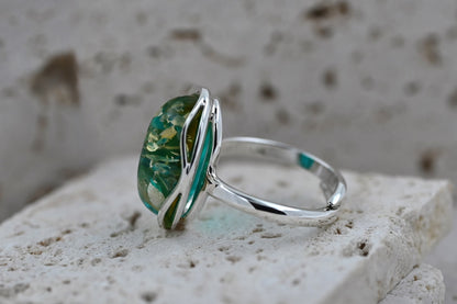 Pierścionek Bursztynowa Fala, Niebieski, Srebro 925