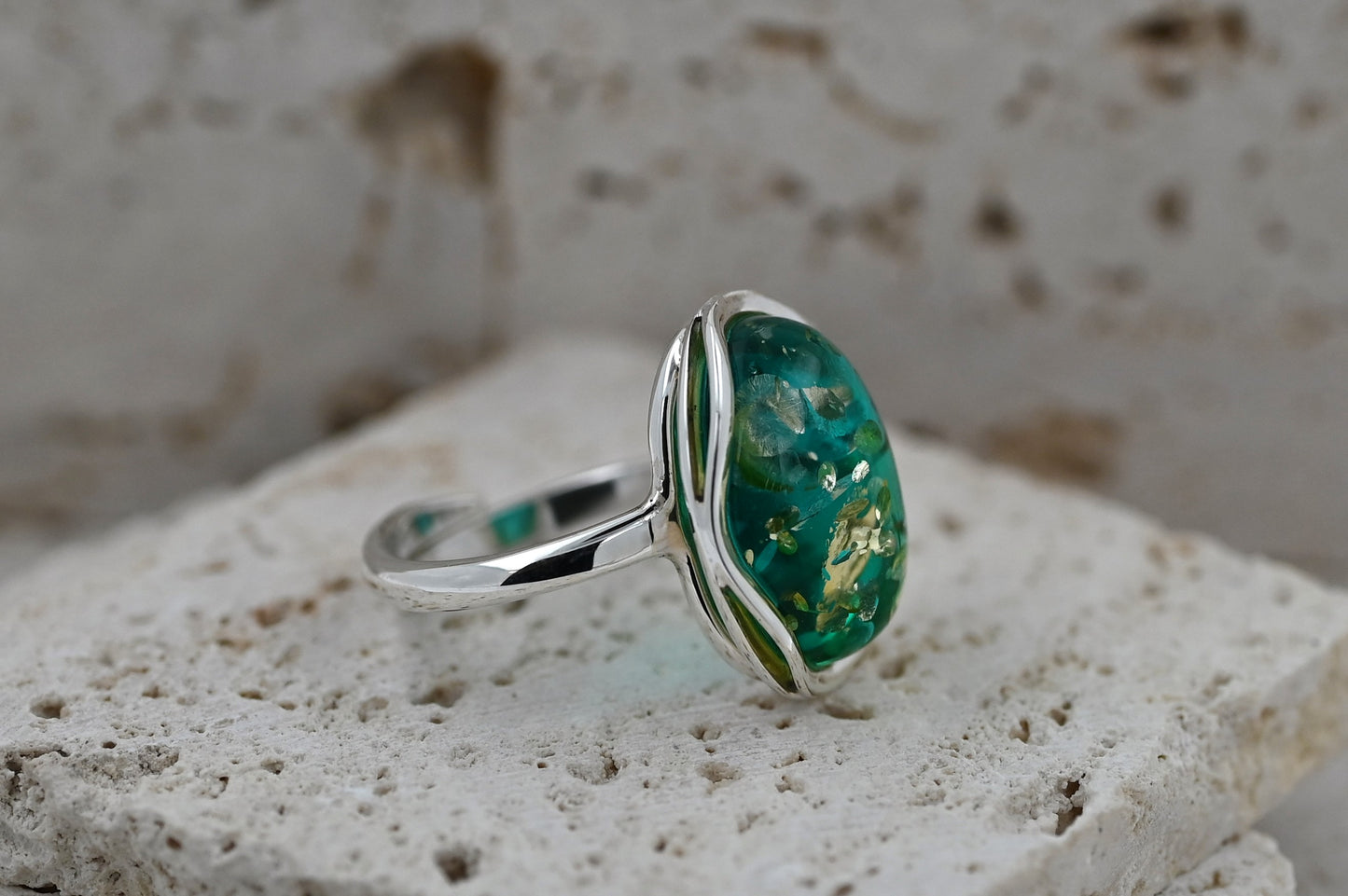 Pierścionek Bursztynowa Fala, Niebieski, Srebro 925