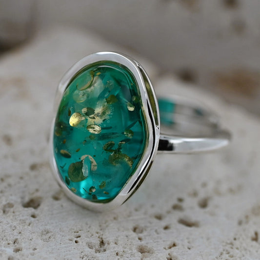 Pierścionek Bursztynowa Fala, Niebieski, Srebro 925