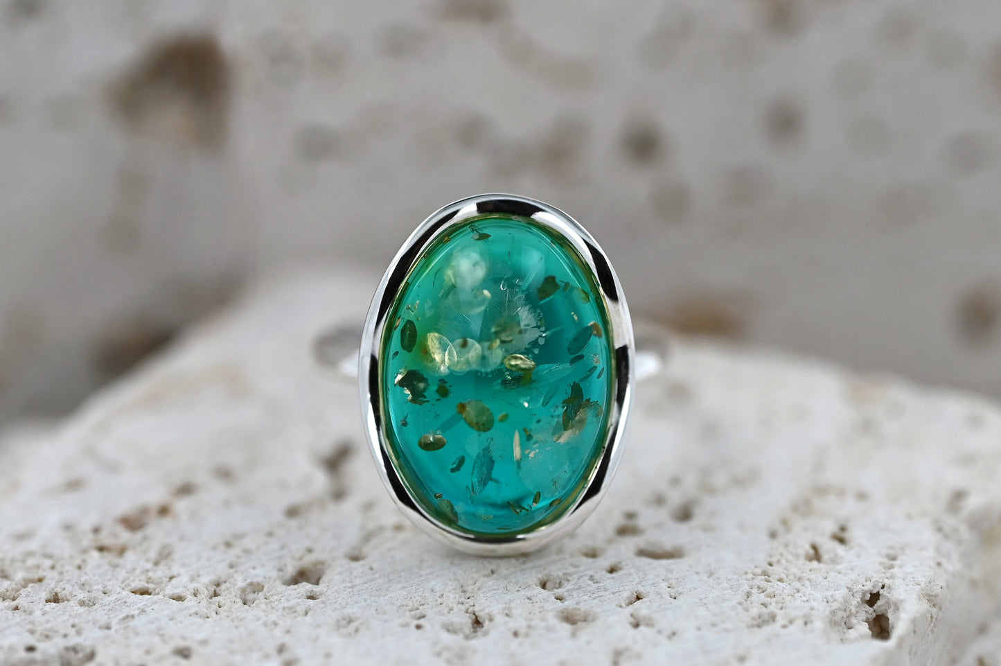 Pierścionek Bursztynowa Fala, Niebieski, Srebro 925