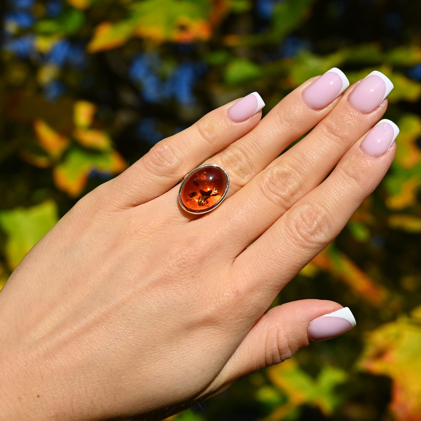 Classic Amber Ring, Cognac, Silver 925