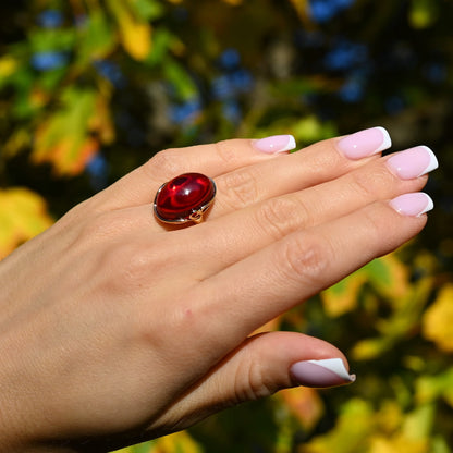 Amber Harmony Ring, Red, Gold-plated Silver