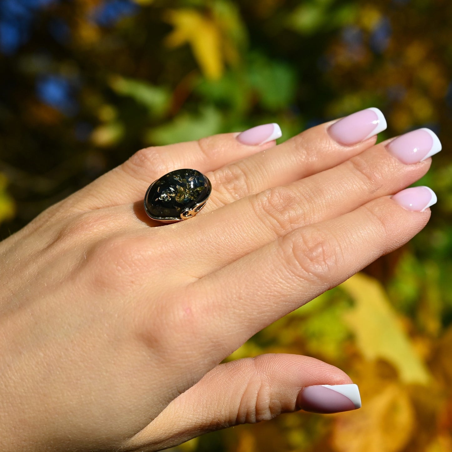 Amber Harmony Ring, Green, Gold-plated Silver