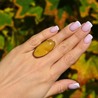 Large Baltic Amber Ring, Yellow, Gold-plated Silver